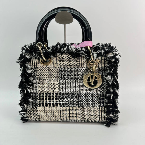 【TikTok Livestream】Dior/CD LadyDior Medium  Tweed Black/Off White Limited Edition Shoulder Bag/Handbag