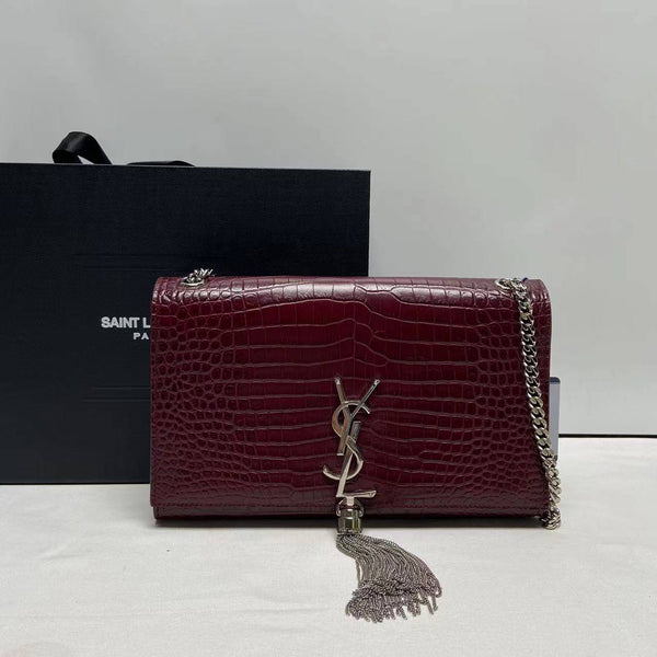 【TikTok Livestream】Saint Laurent/YSL Kate With Tassel Medium Burgundy Croco Embossed Crossbody