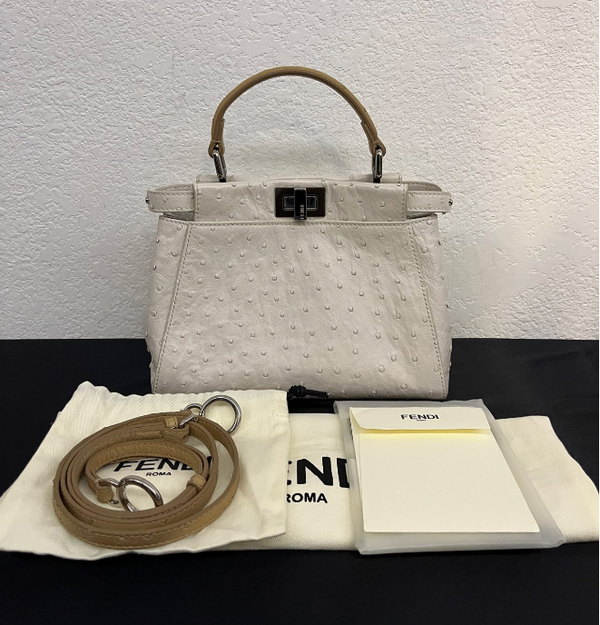 【TikTok Livestream】FENDI Peekaboo Mini White Ostrich Handbag/Crossbody