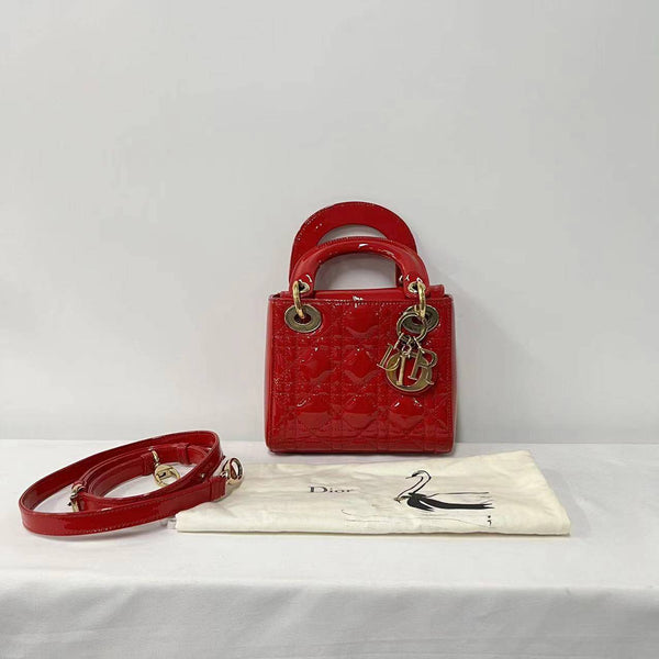 【TikTok Livestream】Dior/CD LadyDior Mini Cannage Quilted Patent Red Shoulder Bag/Handbag