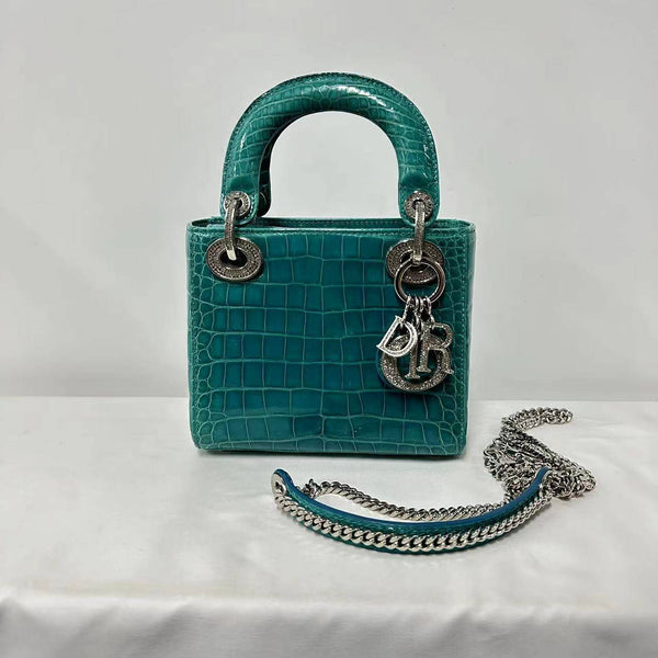 【TikTok Livestream】Dior/ CD Statement Piece Croc Leather Turquoise Diamond Hardware Lady Dior Mini Handbag/Shoulder Bag