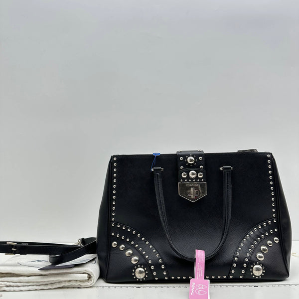 【TikTok Livestream】Prada Prada Black Studded Saffiano lined Zip Tote Bag