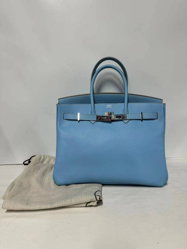 Hermes Birkin 35 7T Bleu Paradis Handbag Squared-O Stamp Epsom