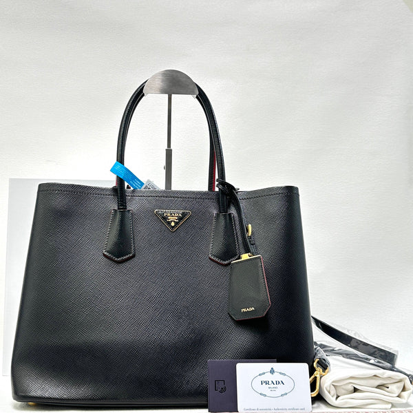 【TikTok Livestream】Prada Cuir Double Bag Top Handle Black Shoulder Bag