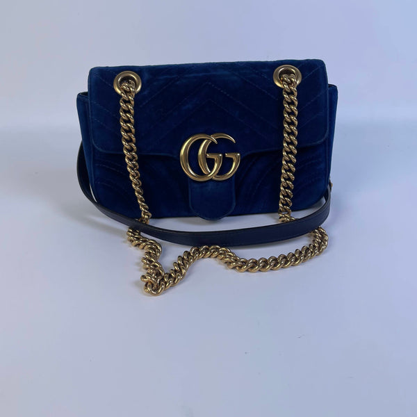 【TikTok Livestream】Gucci/GG Marmont Small Velvet Blue Crossbody