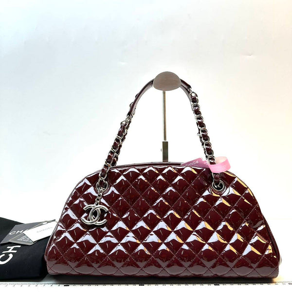 Chanel/CC Just Mademoiselle Medium Quilted Bowling Bag Patent Burgundy Shoulder Bag