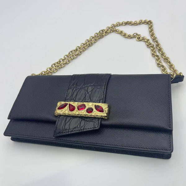 【TikTok Livestream】Dior/CD Croco Trim Saffiano Black WOC With Crystals Crossbody