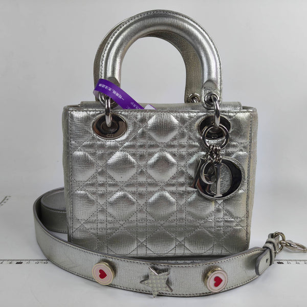 【TikTok Livestream】Dior/CD LadyDior Small Lucky Badges Metallic Silver Special Edition Shoulder Bag/Handbag