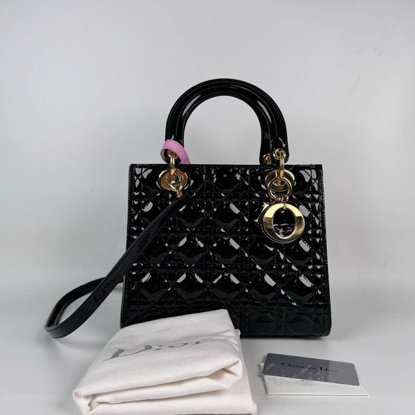 【TikTok Livestream】Dior/CD LadyDior Medium Cannage Quilted Patent Black Shoulder Bag/Handbag