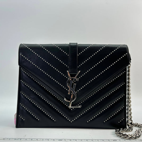 【TikTok Livestream】Saint Laurent/YSL Envelope Studded Woven Chevron Medium Black Shoulder Bag