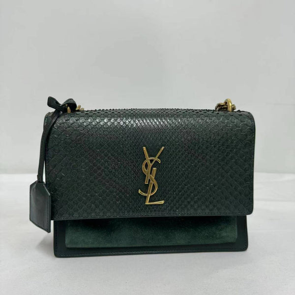 【TikTok Livestream】Saint Laurent/YSL Sunset Medium Python/Suede Green Limited Edition Shoulder Bag