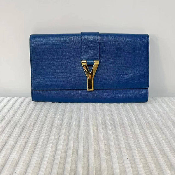 【TikTok Livestream】Saint Laurent/YSL Y-Ligne Calfskin Blue/Gold Clutch