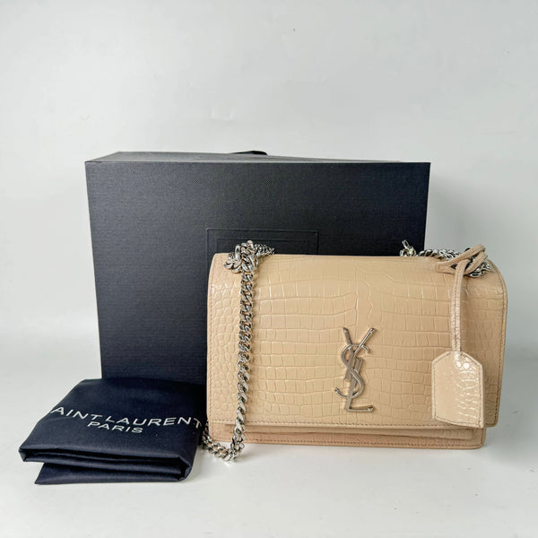 【TikTok Livestream】Saint Laurent/YSL Sunset Medium Beige Croco Embossed Crossbody