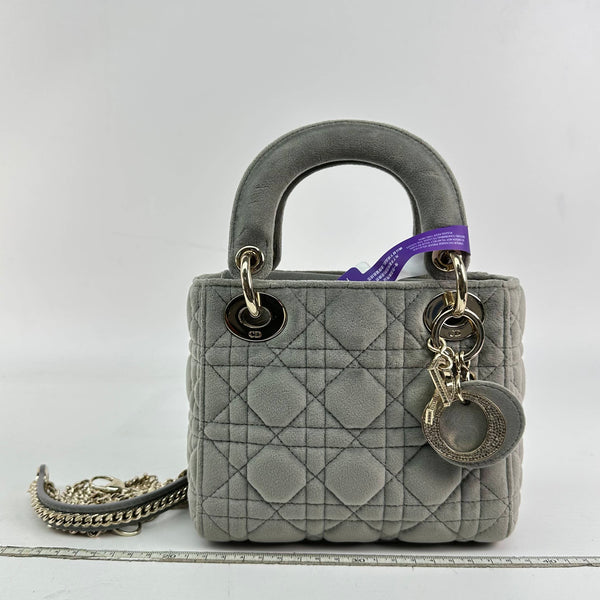 【TikTok Livestream】Dior/CD LadyDior Mini Velvet Grey Limited Edition Shoulder Bag/Handbag