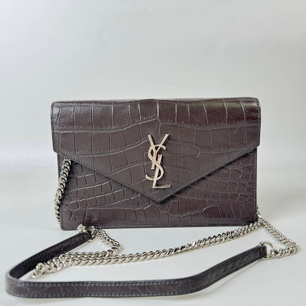 【TikTok Livestream】Saint Laurent/YSL Kate Croco Embossed Small Brown WOC Crossbody