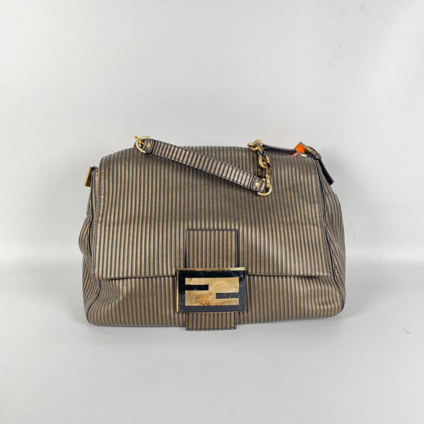 【TikTok Livestream】Fenfi Mama Forever Striped Leather and Suede Black/Gold Shoulder Bag