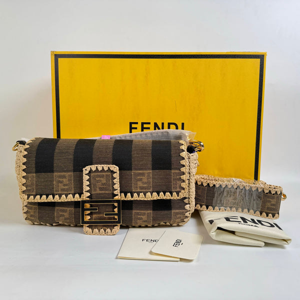 【TikTok Livestream】Fendi Baguette Jacquard Raffia Fabric/Straw,Beige/Black Shoulder bag