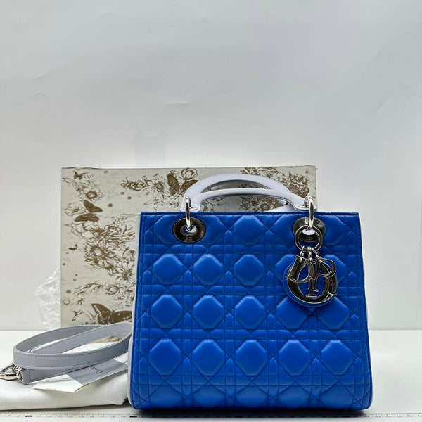 【TikTok Livestream】Dior/CD LadyDior Medium Cannage Quilted Blue/White Shoulder Bag