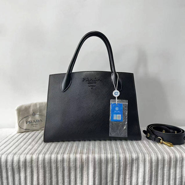 【TikTok Livestream】Prada Monochrome Medium Saffiano Black Shoulder Bag/Handbag