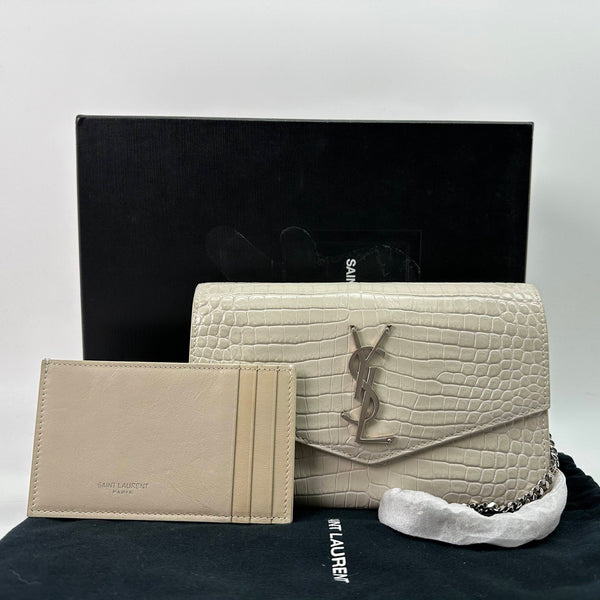 【TikTok Livestream】Saint Laurent/YSL Kate Small Croco Embossed Off White WOC Crossbody