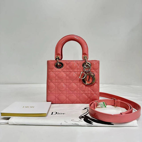 【TikTok Livestream】Dior/CD LadyDior Small Patent Cannage Quilted Coral Pink Shoulder Bag