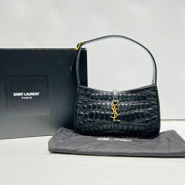 【TikTok Livestream】Saint Laurent/YSL Le 5 A 7 Hobo Croc Embossed Black Shoulder Bag