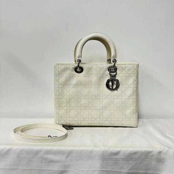 【TikTok Livestream】Dior/CD LadyDior Patent Large Cannage White Shoulder Bag/Handbag