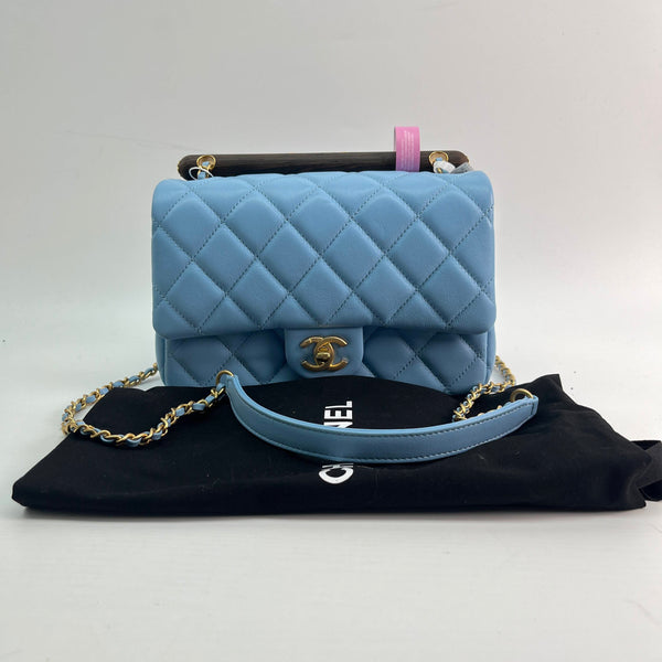 Chanel/CC Flap Bag with Wenge Wood Top Handle Light Blue Limited Edition Crossbody