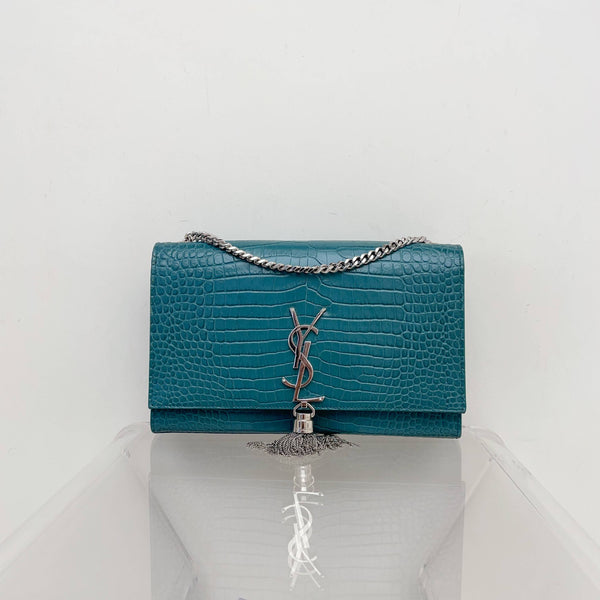 【TikTok Livestream】Saint Laurent/YSL Saint Laurent Calfskin Crossbody Bags Kate With Tassel Croco Embossed Medium Turquoise Crossbody