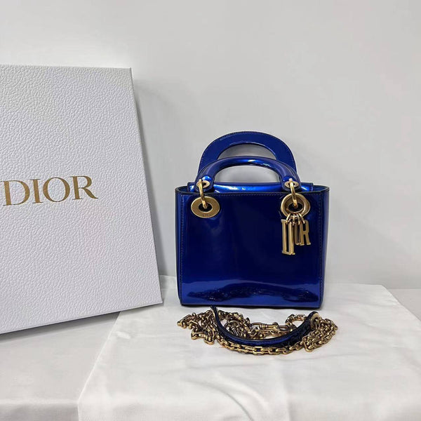 【TikTok Livestream】Dior/CD LadyDior Mini Patent Blue Shoulder Bag/Handbag