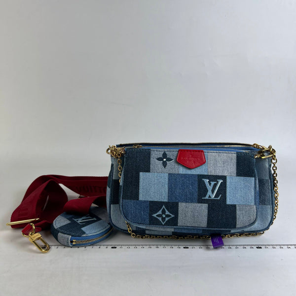 【TikTok Livestream】Louis Vuitton/LV Patchwork Multi Pochette Denim Checkerboard Blue/Red Shoulder Bag