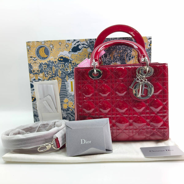 【TikTok Livestream】Dior/CD LadyDior Medium Patent Red Shoulder Bag/Handbag