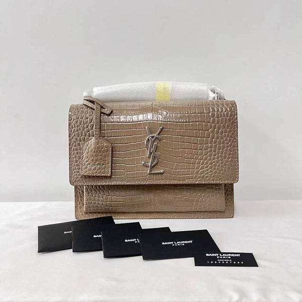 【TikTok Livestream】Saint Laurent/YSL Sunset Medium Grey Croco Embossed Crossbody