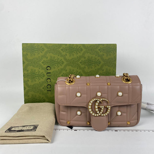 【TikTok Livestream】Gucci/GG Pearly GG Marmont Mini Beige Crossbody