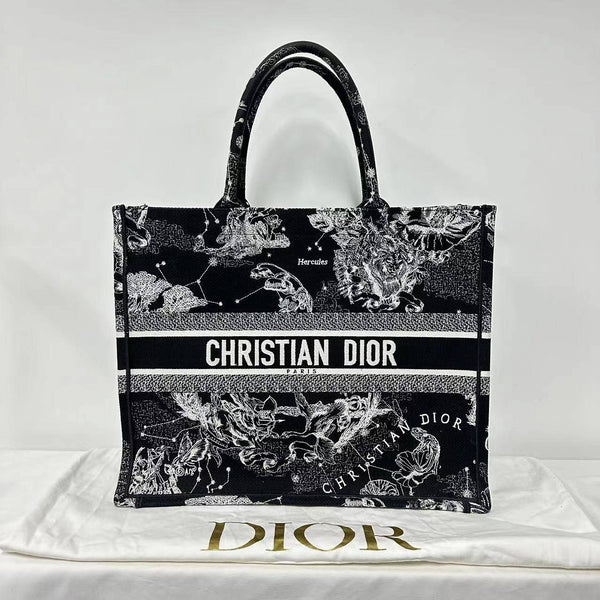 【TikTok Livestream】Dior/CD Book Tote Large Canvas Zodiac Embroidery Black Tote Bag