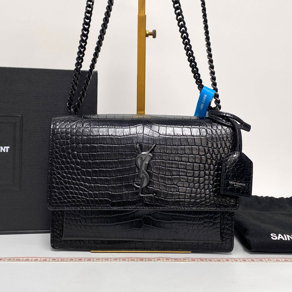 【TikTok Livestream】Saint Laurent/YSL Sunset Medium Croc Embossed Black Crossbody Bag