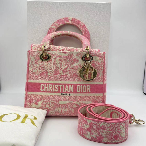 【TikTok Livestream】Dior/CD LadyDior D Lite Medium Pink/White Shoulder Bag/Handbag