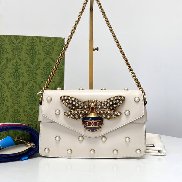 【TikTok Livestream】Gucci/GG Queen Margaret Mini Pearl Studded Mystic White