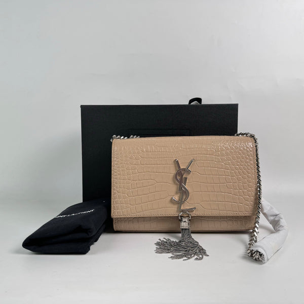 【TikTok Livestream】Saint Laurent/YSL Kate With Tassel Croco Embossed Small Beige Crossbody