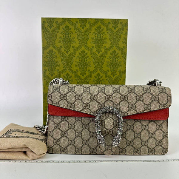 【TikTok Livestream】Gucci/GG Dionysus Medium Supreme Canvas/Suede Beige/Red Crossbody