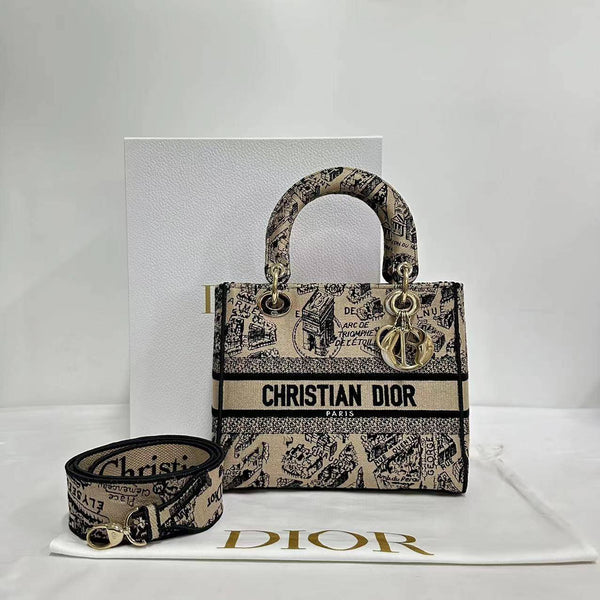 【TikTok Livestream】Dior/CD LadyDior D Lite Medium Black/Beige Embroidery Shoulder Bag/Handbag