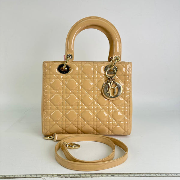 【TikTok Livestream】Dior/CD LadyDior Medium Patent Beige Shoulder Bag/Handbag