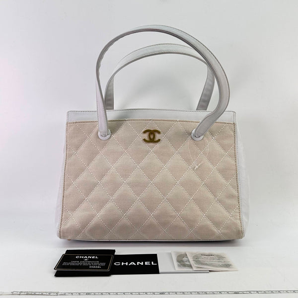 Chanel/CC Vintage Coco Mark Interior Canvas/Calfskin Beige/White Tote Bag