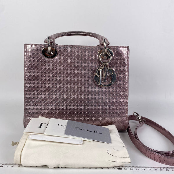 【TikTok Livestream】Dior/CD LadyDior Medium Micro Cannage Patent Metallic Pink Shoulder Bag/Handbag