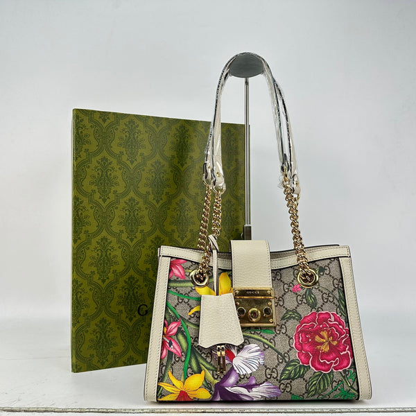 【TikTok Livestream】Gucci/GG Padlock Small Flora GG Supreme Canvas Beige Shoulder Bag