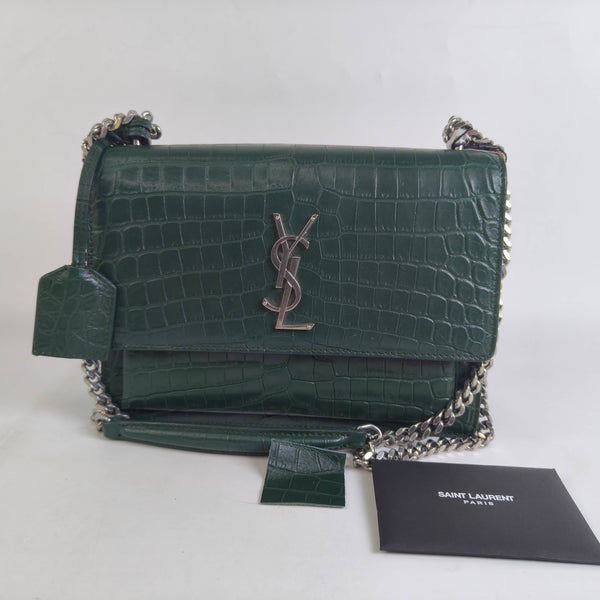 【TikTok Livestream】Saint Laurent/YSL Sunset Medium Croco Embossed Olive Shoulder Bag