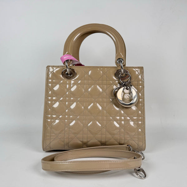 【TikTok Livestream】Dior/CD LadyDior Medium Patent Beige Shoulder Bag/Handbag