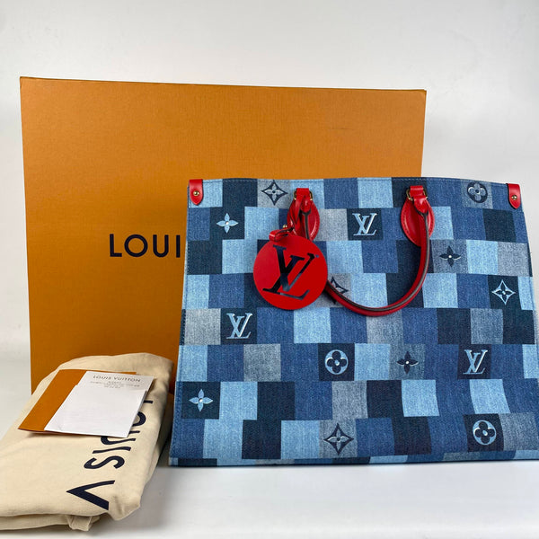 【TikTok Livestream】Louis Vuitton/LV On The Go GM Denim Checkerboard Blue/Red Tote Bag