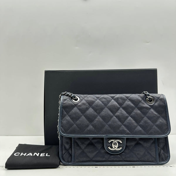 Chanel/CC French Riviera Medium Quilted Flap Caviar Navy Blue Shoulder Bag