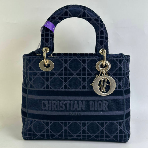 【TikTok Livestream】Dior/CD LadyDior D Lite Medium Navy Blue Shoulder Bag/Handbag